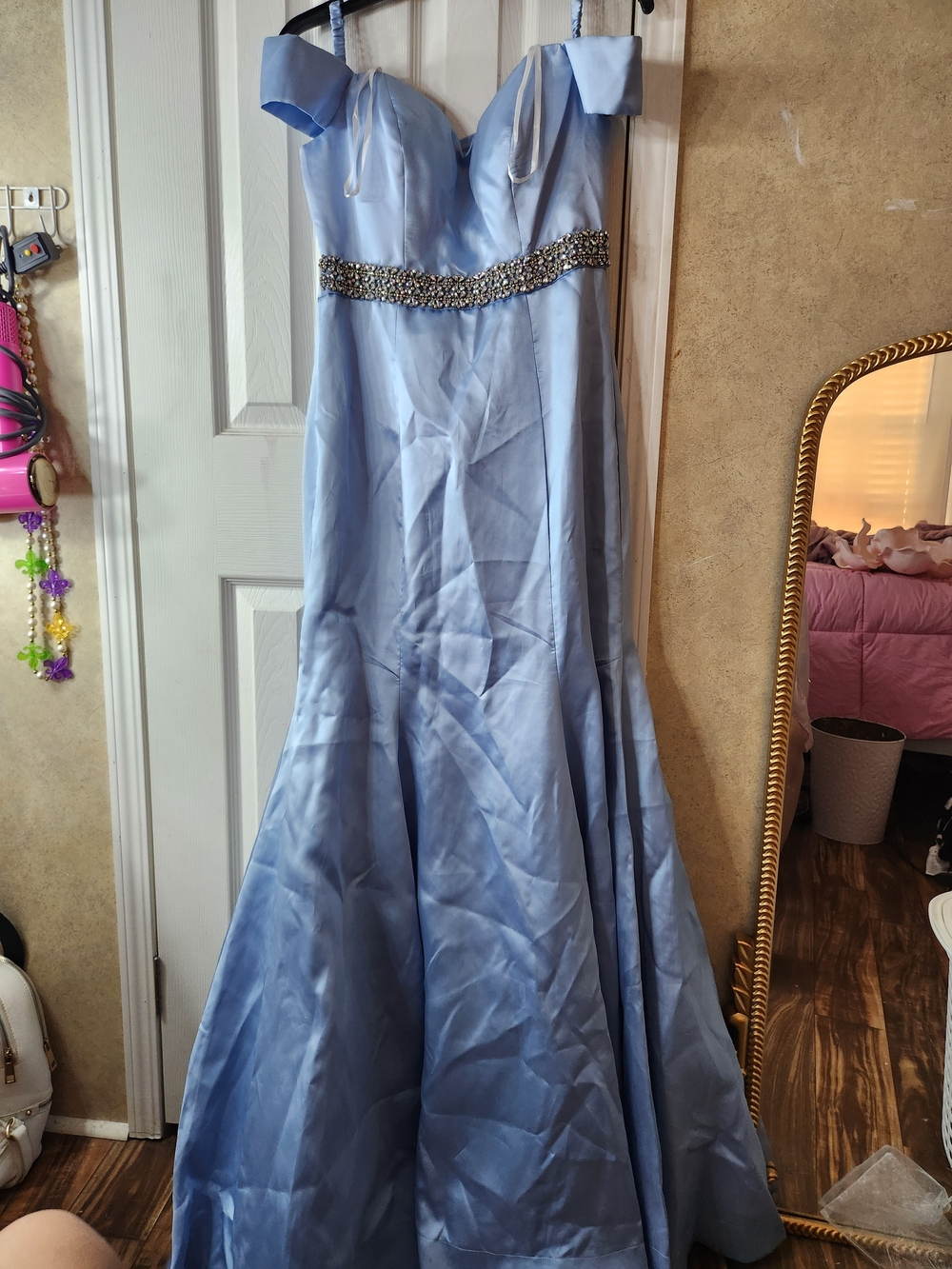 B. Smart Light Blue Off-Shoulder Beaded Prom Gown